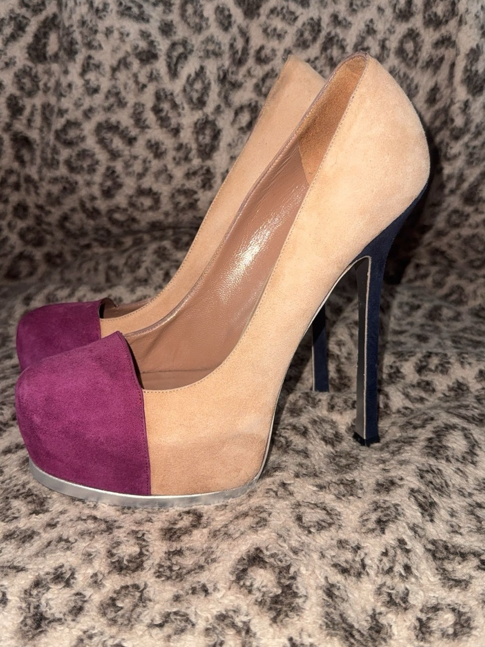 YSL Yves Saint Laurent Tribtoo Suede Colorblock Platform Pumps